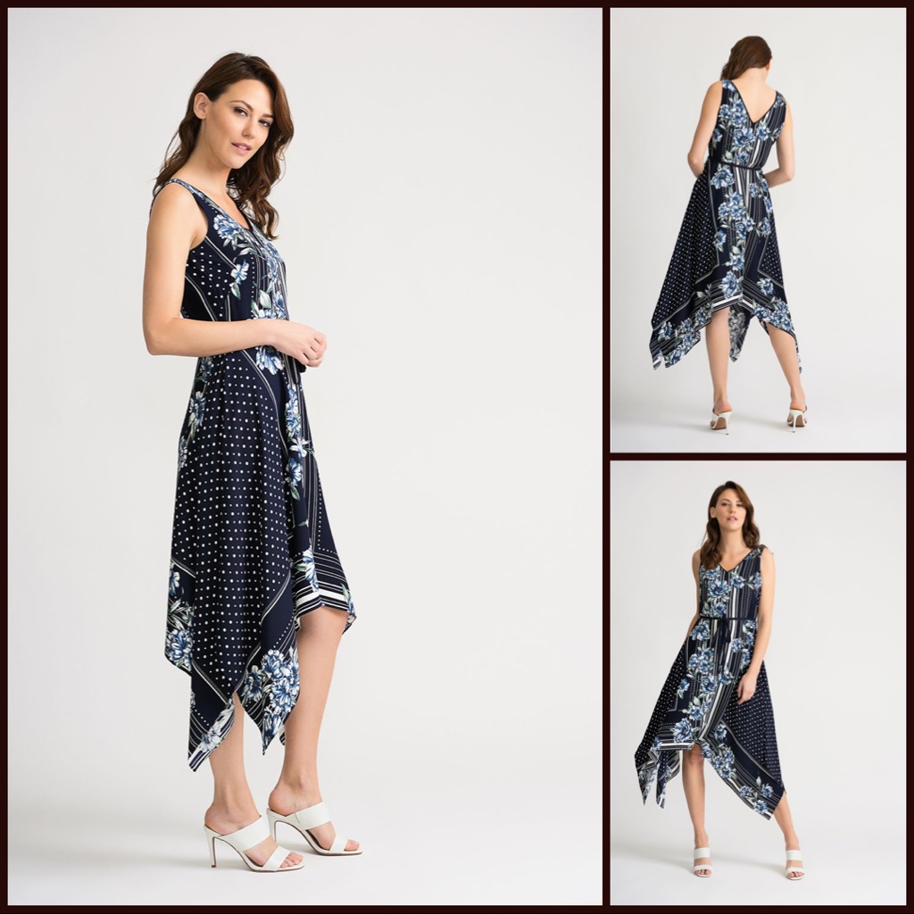 Nwt Jr Midnight Blue/Multi Floral Striped Kerchief Hem Midi Dress